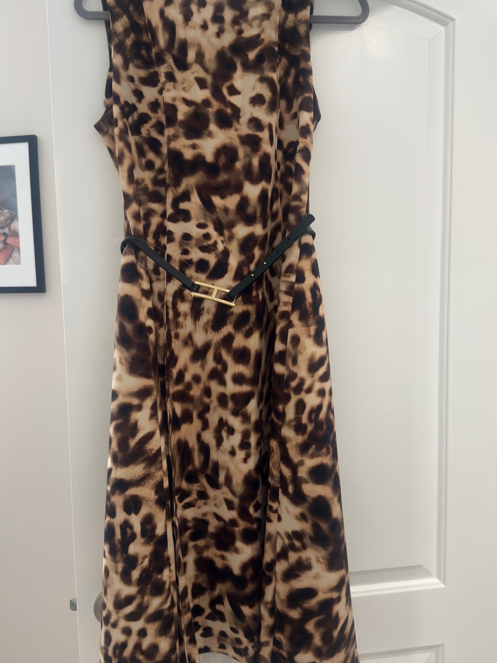 Halston Heritage Brown Leopard Print Sleeveless Midi Dress with Slim Black Belt